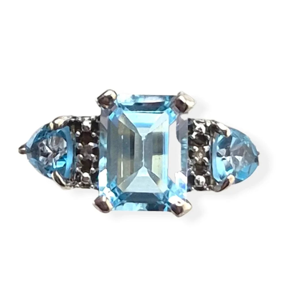 Art Deco Sterling Silver Blue Topaz CZ Three Stone Emerald Cut Ring Size 7.25